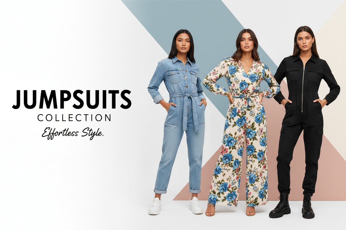 Three women modeling different jumpsuits in a studio setting with geometric background shapes. On the left, the text reads 'JUMPSUITS COLLECTION' and 'Effortless Style.