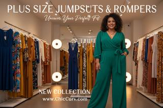 Three women modeling different jumpsuits in a studio setting with geometric background shapes. On the left, the text reads 'JUMPSUITS COLLECTION' and 'Effortless Style.