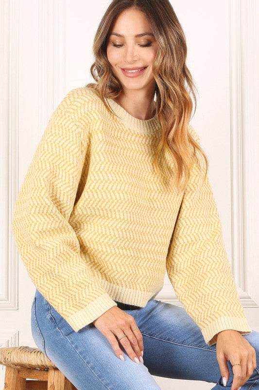 Herringbone Pattern Crew Neck Sweater - DaTrendStore.Com
