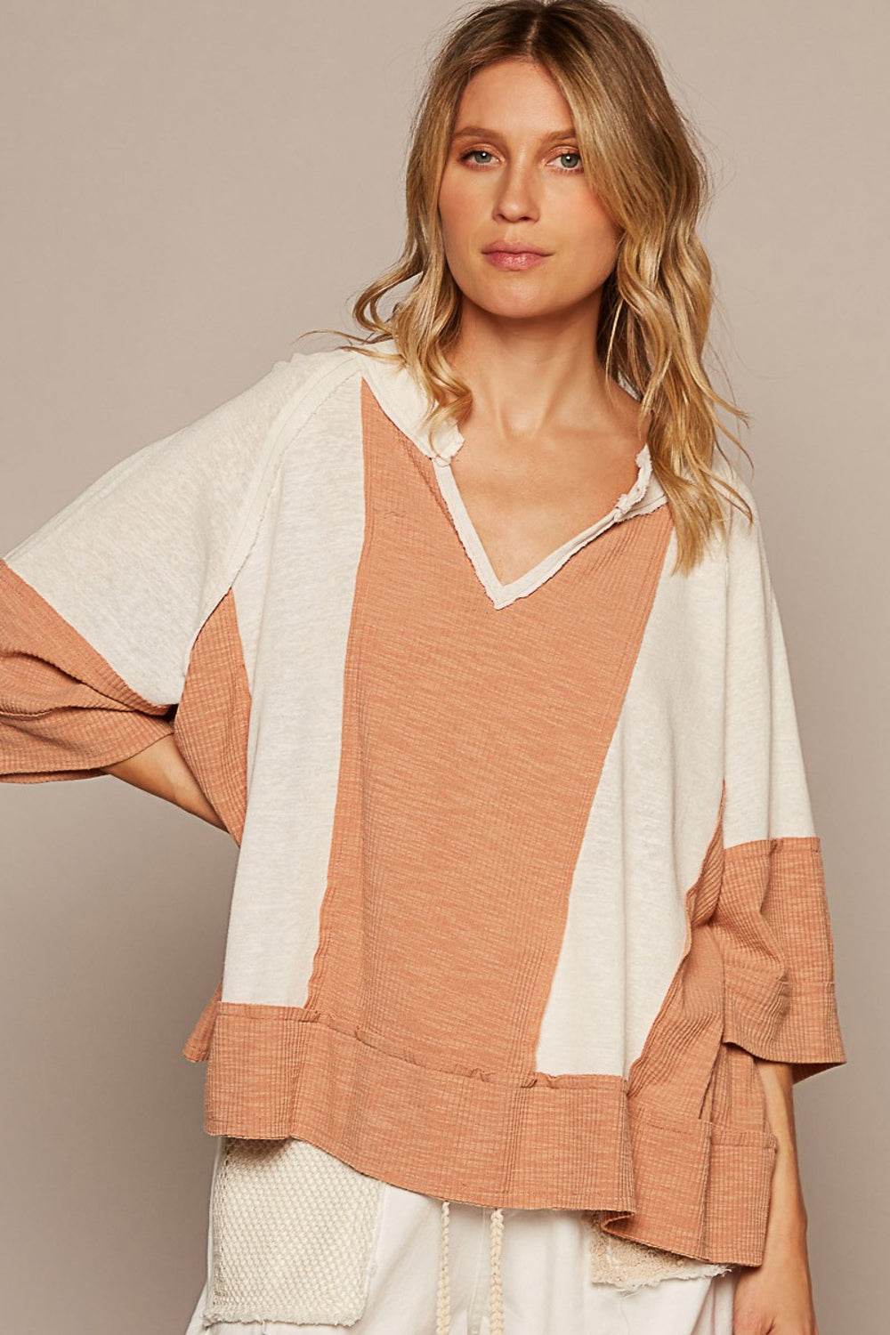 POL Notched Frayed Edge Contrast Top - DaTrendStore.Com