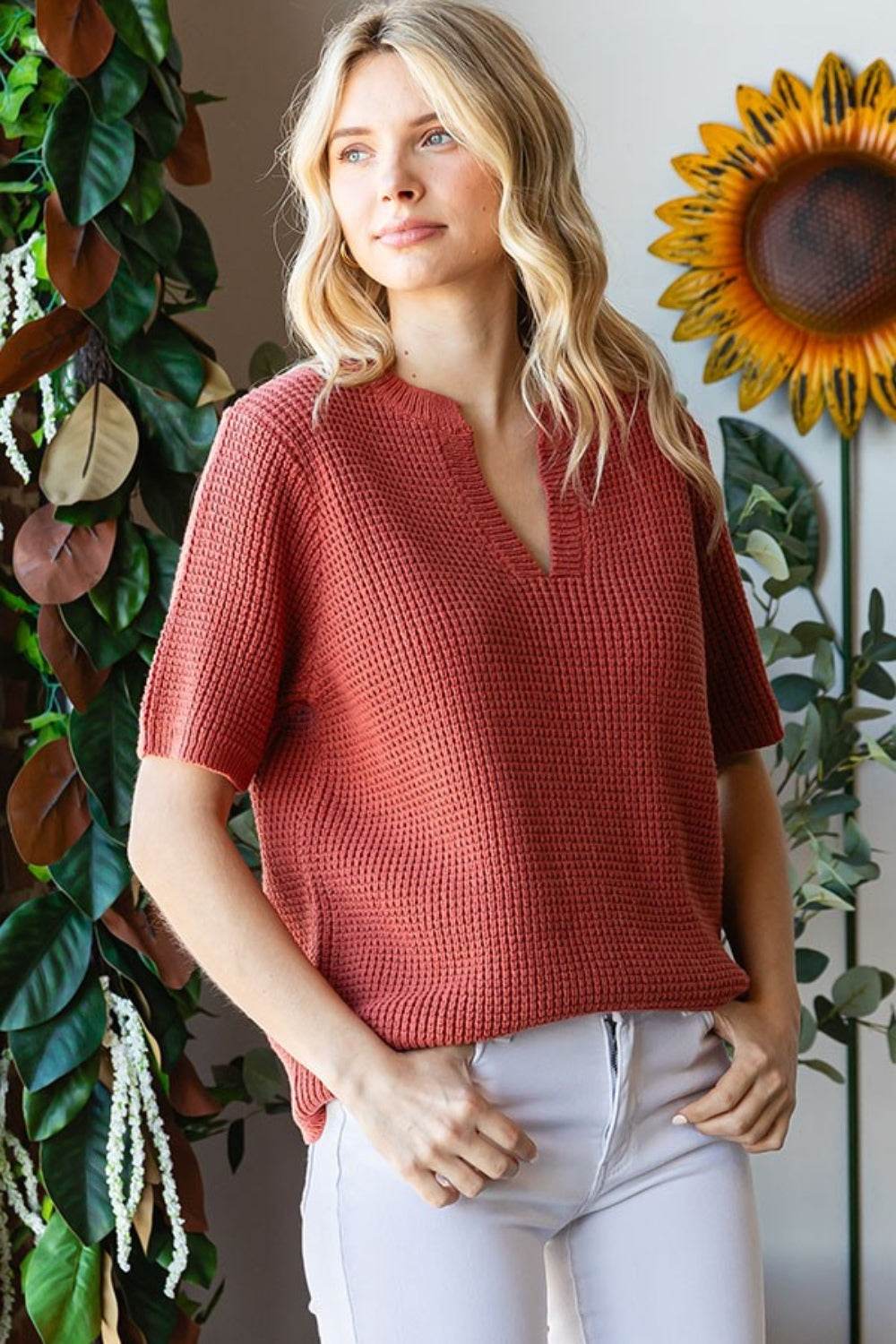 First Love Notched Short Sleeve Knit Top - DaTrendStore.Com