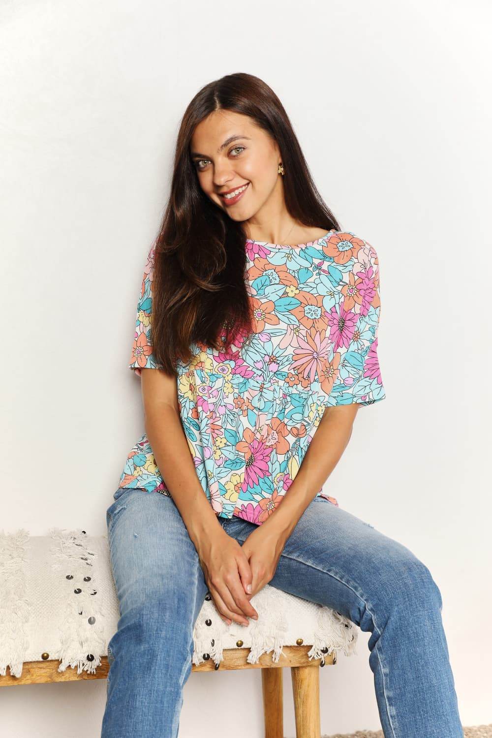 Double Take Floral Round Neck Babydoll Top - DaTrendStore.Com