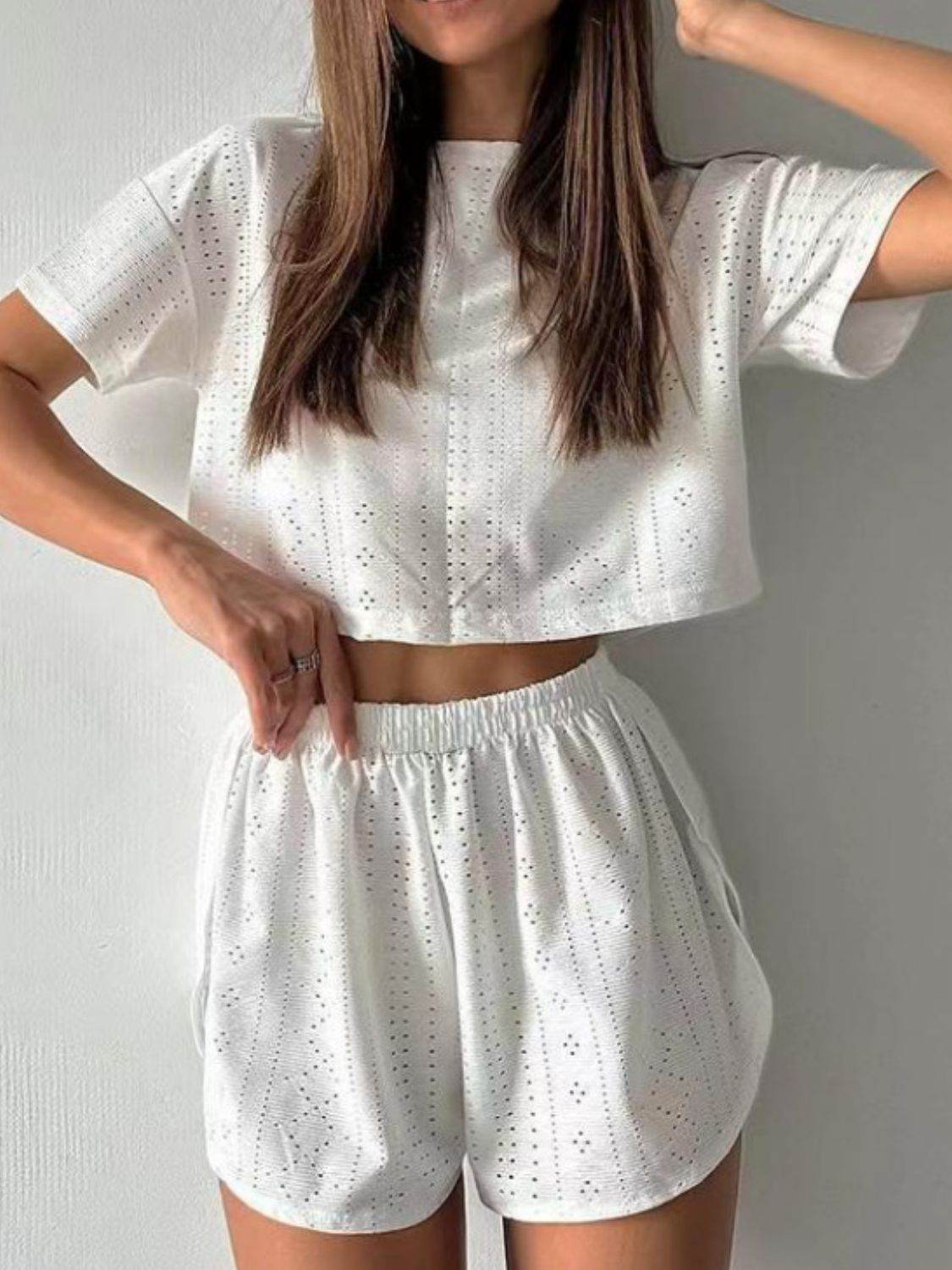 Eyelet Round Neck Top and Shorts Set - DaTrendStore.Com