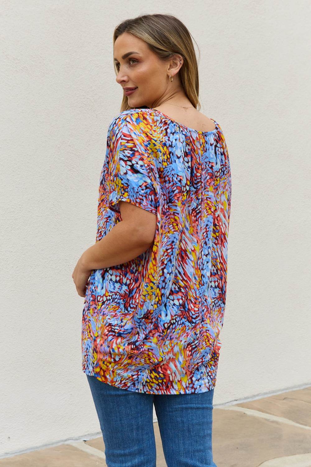 Be Stage Full Size Printed Dolman Flowy Top - DaTrendStore.Com