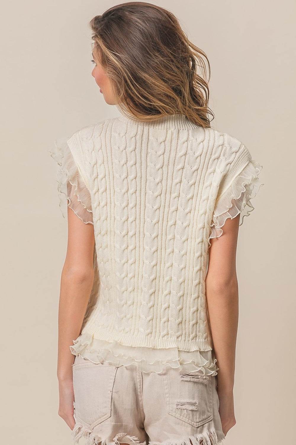 BiBi Layered Pleat Chiffon Edge Cable Knit Top - DaTrendStore.Com