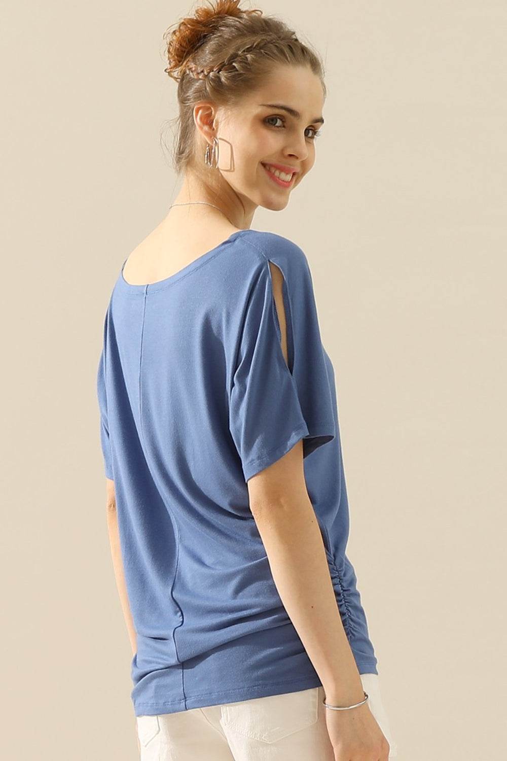 Ninexis Boat Neck Short Sleeve Ruched Side Top - DaTrendStore.Com