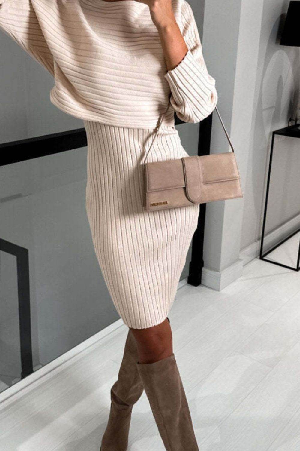 Ribbed Round Neck Top and Cami Dress Sweater Set - DaTrendStore.Com