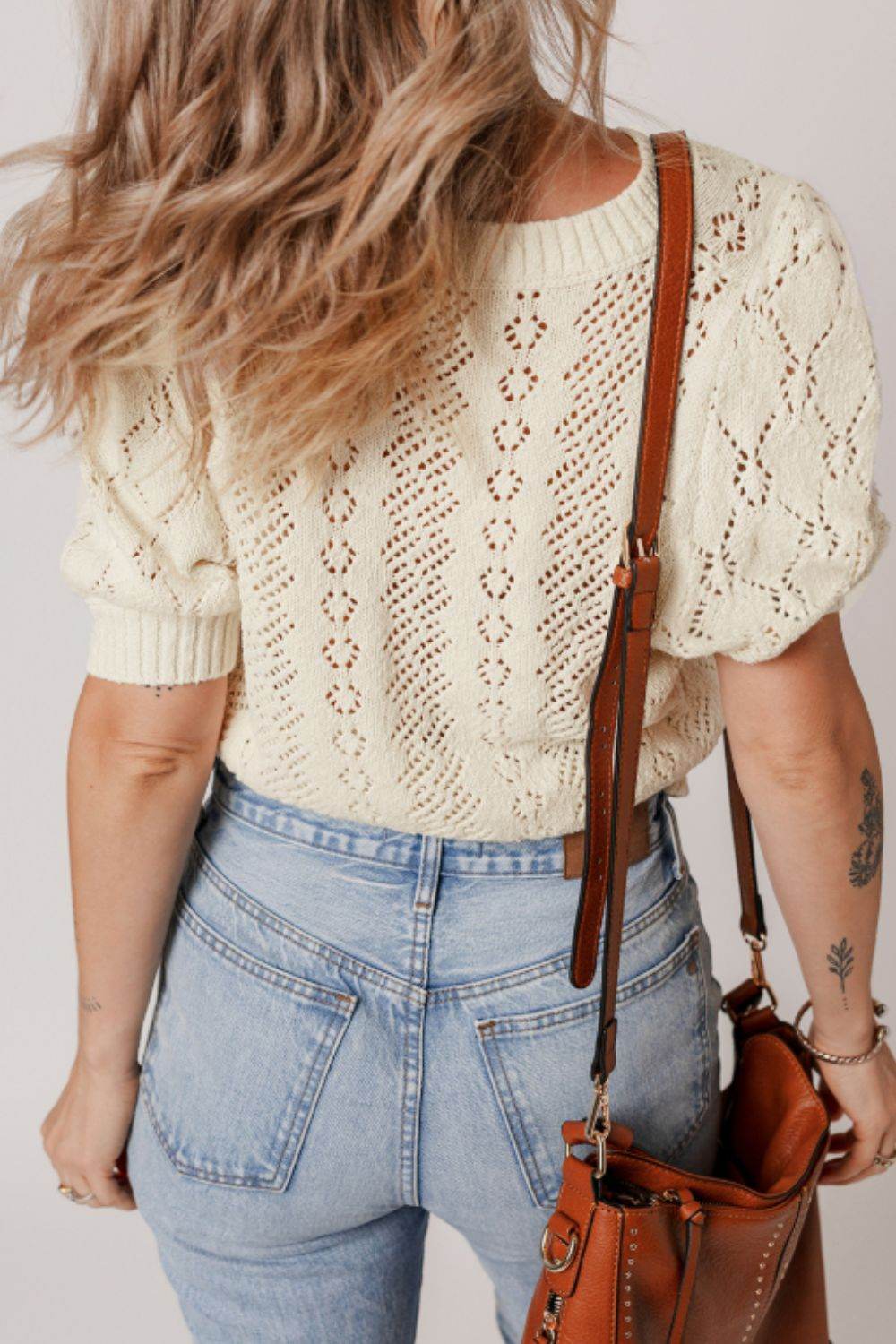 Hollowed Round Neck Half Sleeve Sweater - DaTrendStore.Com