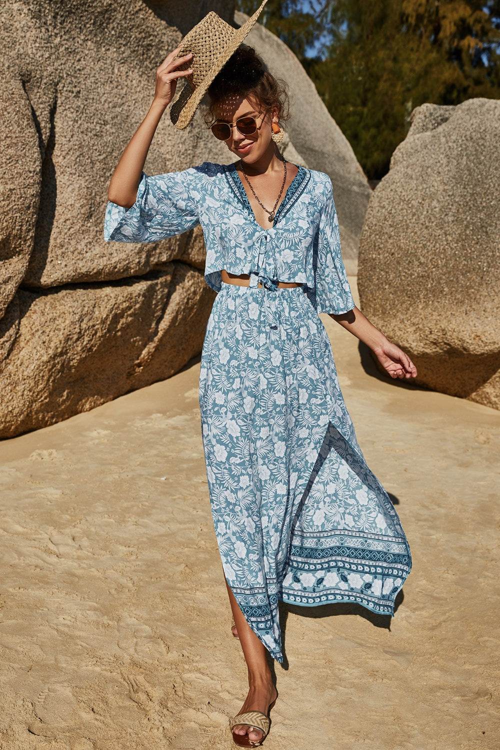 Printed Half Sleeve Top and Slit Skirt Set - DaTrendStore.Com
