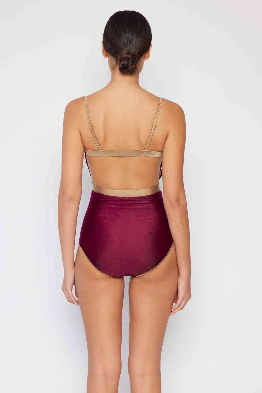 Marina West Swim Wave Break Contrast Trim One-Piece in Wine - DaTrendStore.Com