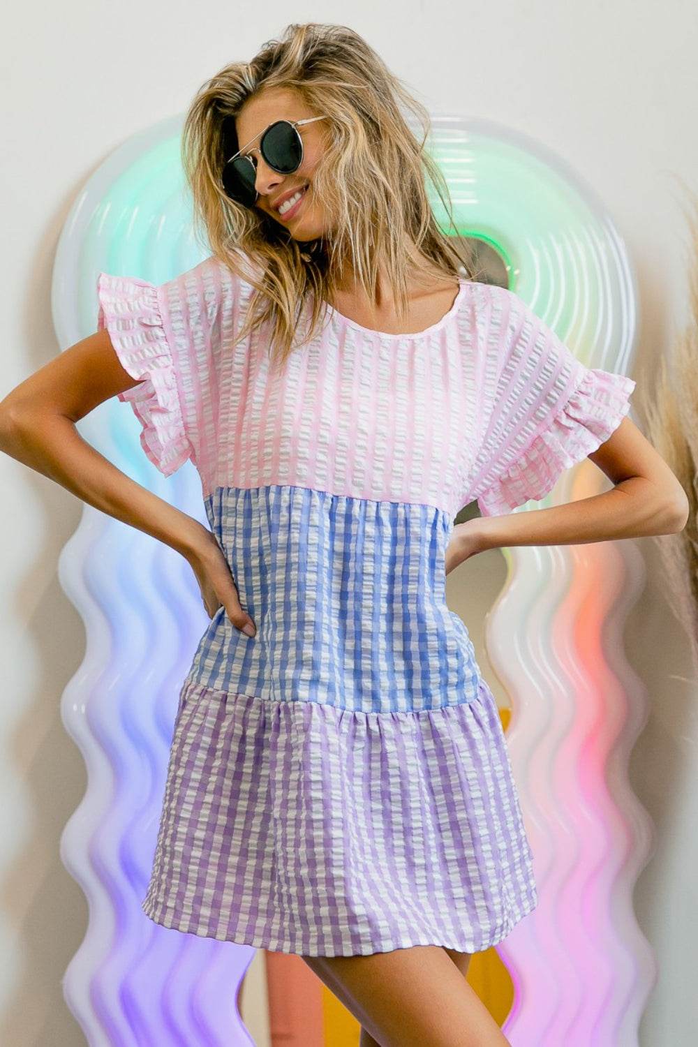 BiBi Plaid Color Block Tiered Top - DaTrendStore.Com