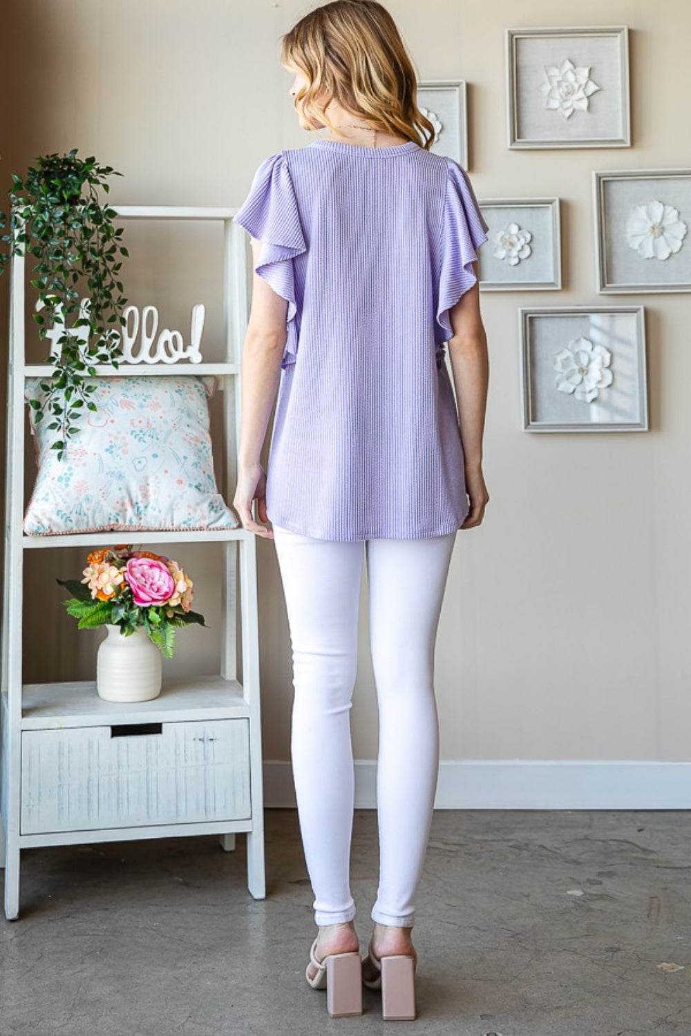 Heimish Full Size Ruffled Sleeve Ribbed Top - DaTrendStore.Com