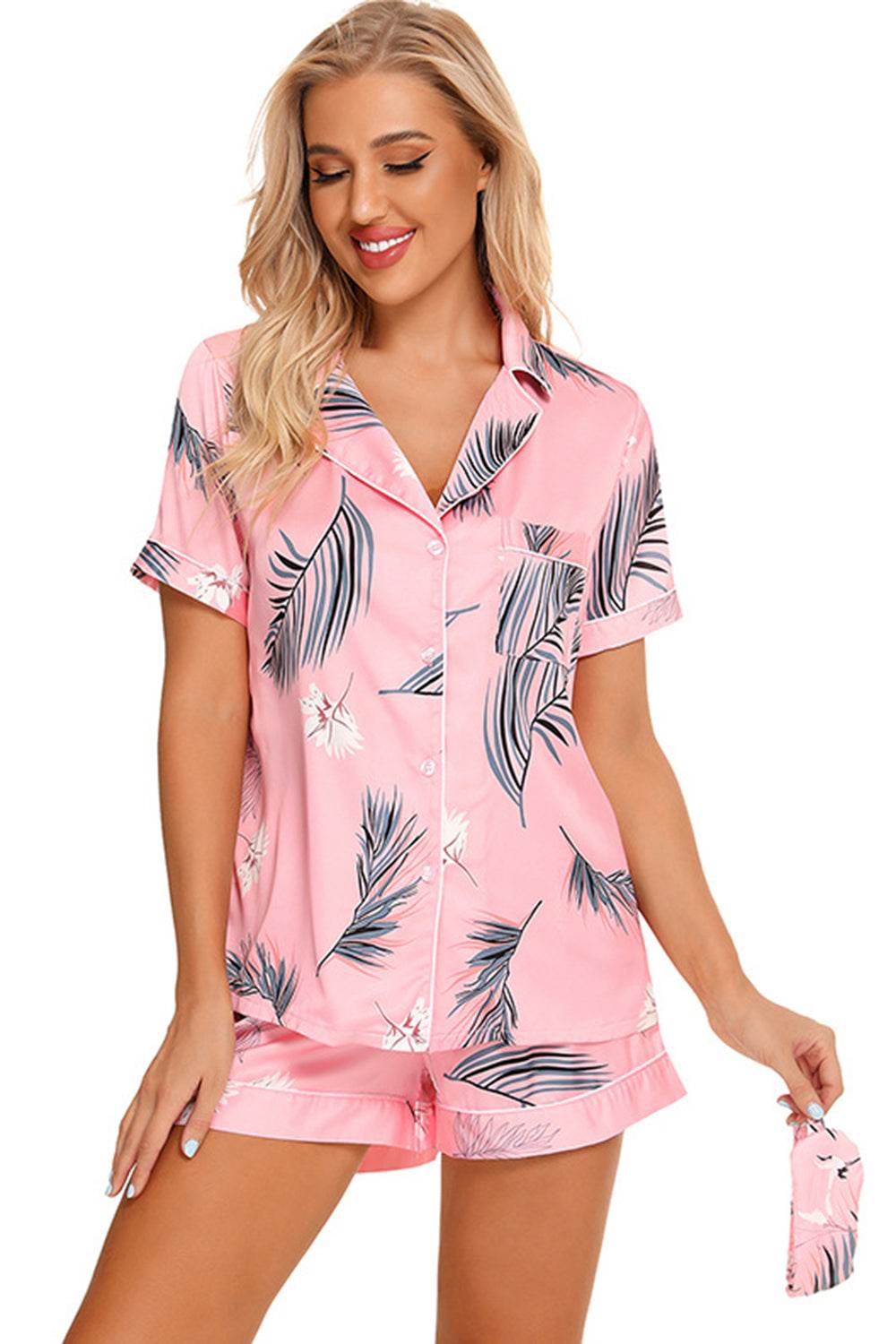 Printed Button Up Short Sleeve Top and Shorts Lounge Set - DaTrendStore.Com