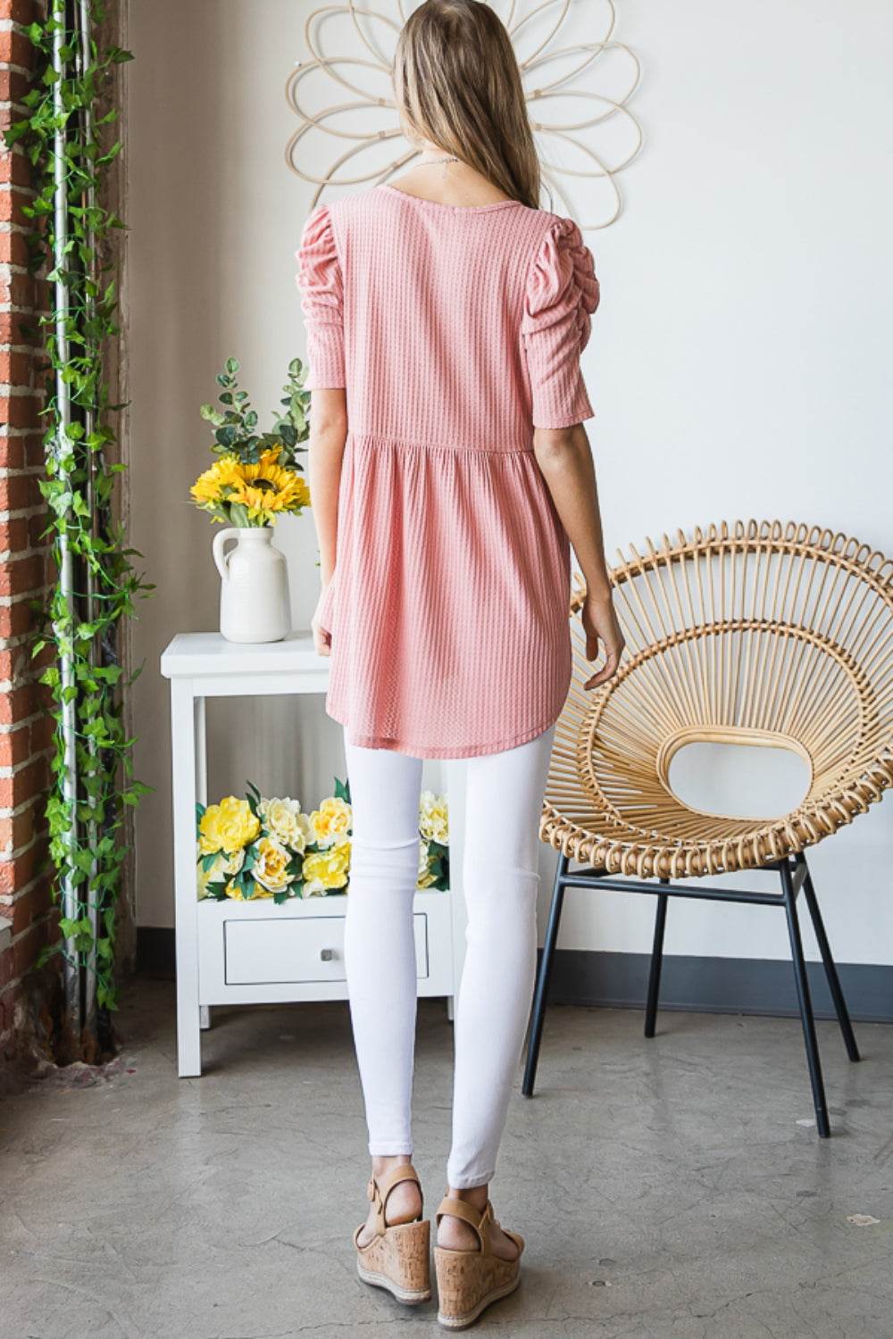 Heimish Full Size Waffle Knit V-Neck Babydoll Top - DaTrendStore.Com