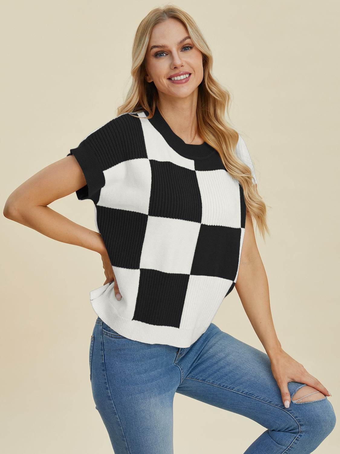 Double Take Full Size Checkered Round Neck Short Sleeve Sweater - DaTrendStore.Com
