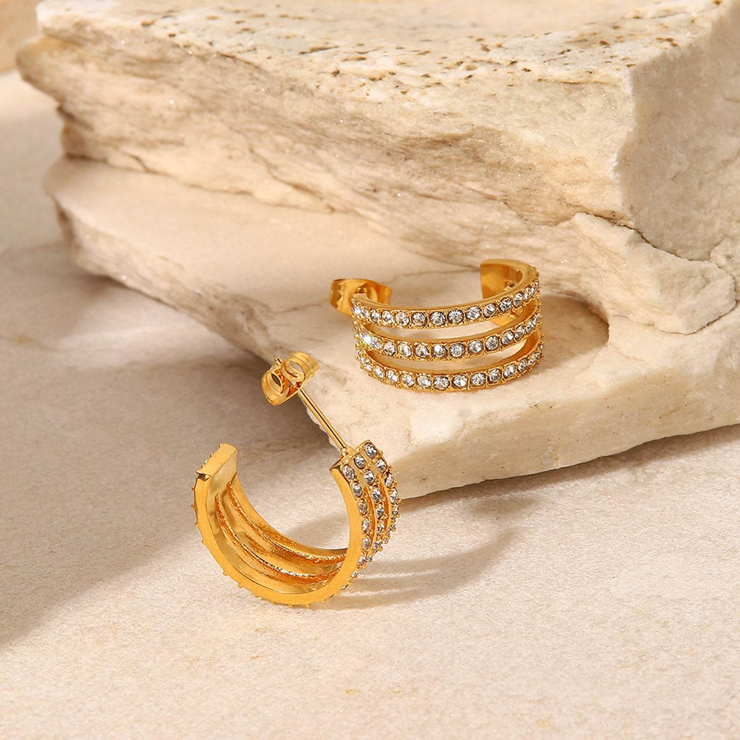 Stainless Steel Inlaid Zircon C-Hoop Earrings - DaTrendStore.Com