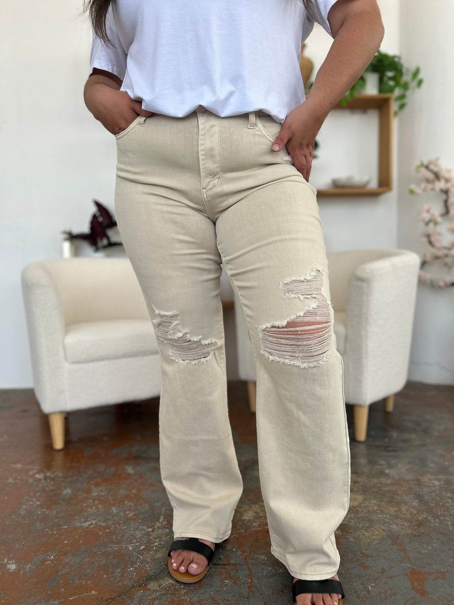 Judy Blue Full Size High Waist Distressed Wide Leg Jeans - DaTrendStore.Com