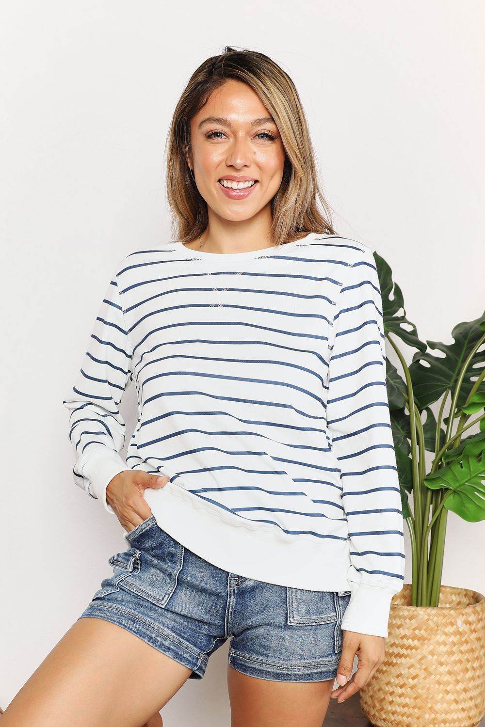 Double Take Striped Long Sleeve Round Neck Top - DaTrendStore.Com