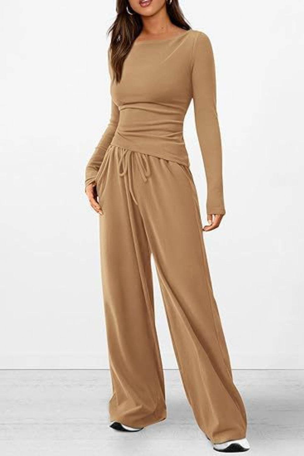 Round Neck Long Sleeve Top and Pants Set - DaTrendStore.Com