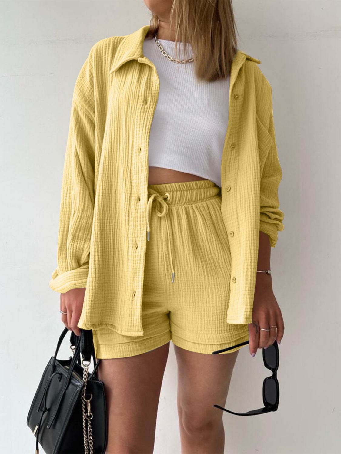 Texture Button Up Shirt and Drawstring Shorts Set - DaTrendStore.Com