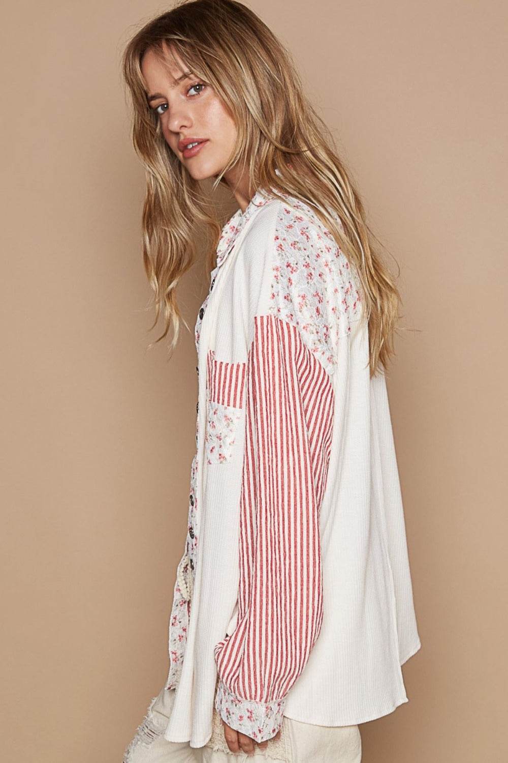 POL Long Sleeve Embroidered Print Patch Pocket Shirt - DaTrendStore.Com