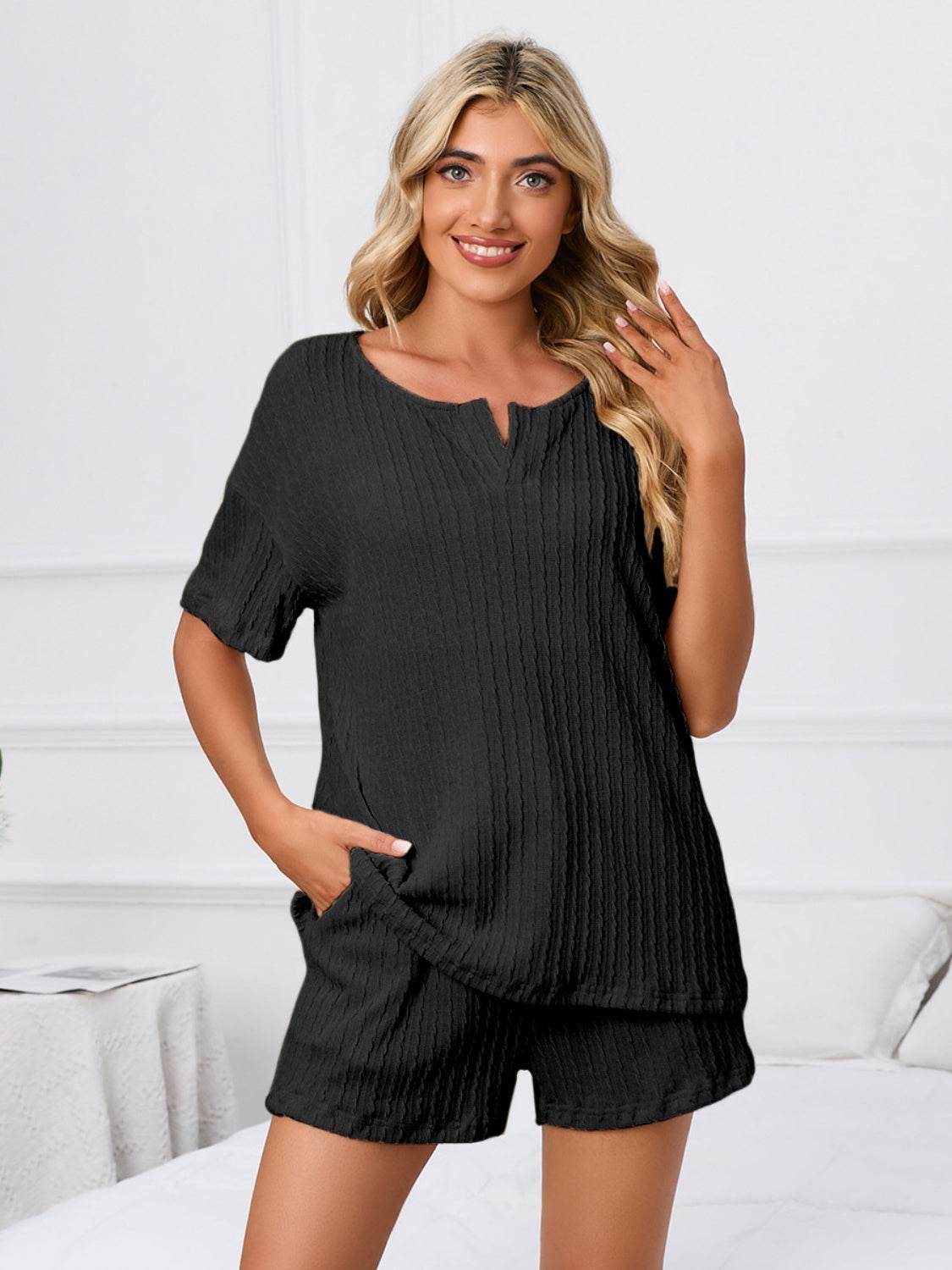 Notched Short Sleeve and Shorts Lounge Set - DaTrendStore.Com