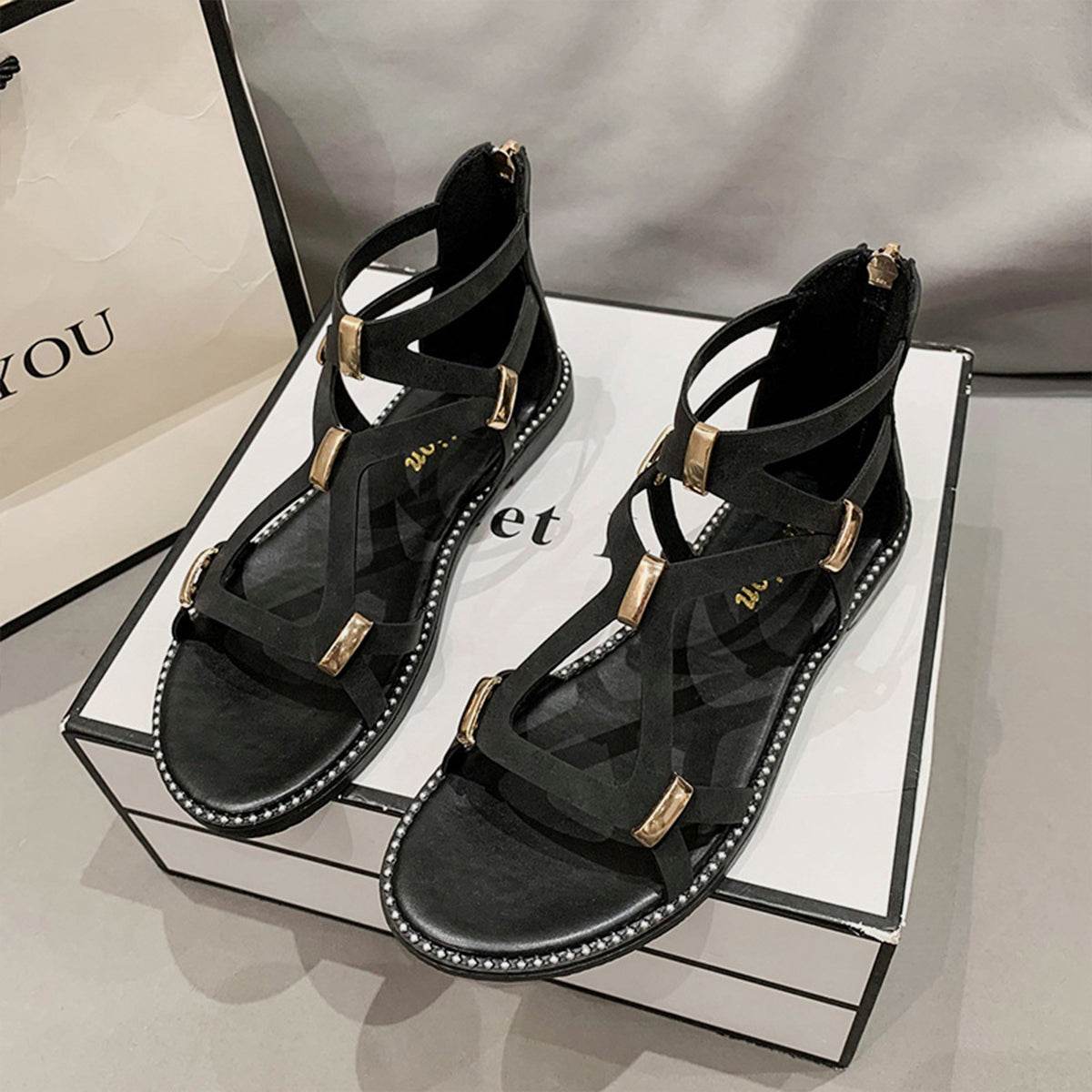 Open Toe Back Zipper Flat Sandals - DaTrendStore.Com