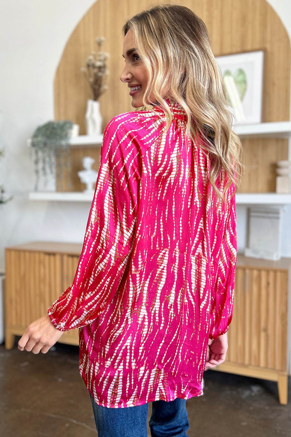 Double Take Full Size Printed Button Up Long Sleeve Shirt - DaTrendStore.Com