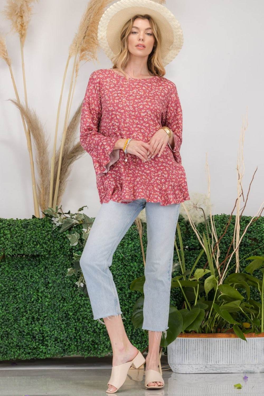 Celeste Full Size Floral Ruffle Detail Top - DaTrendStore.Com