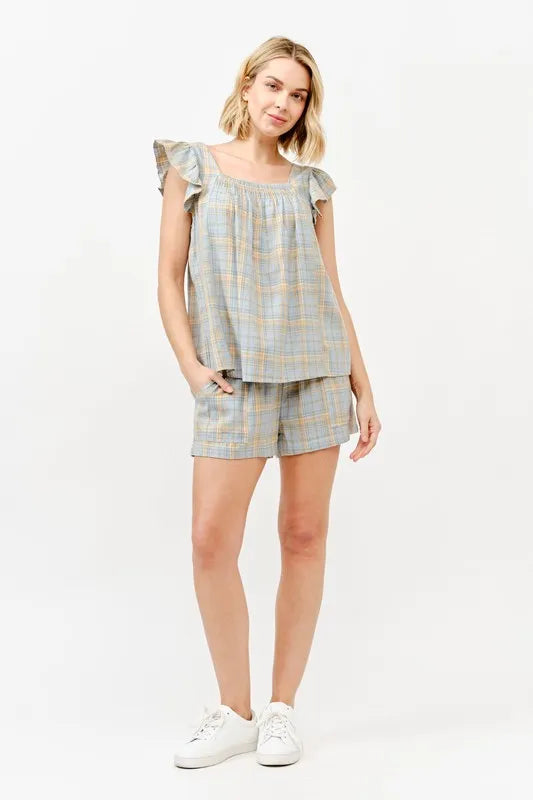 And The Why Blue Plaid Smocked Shorts