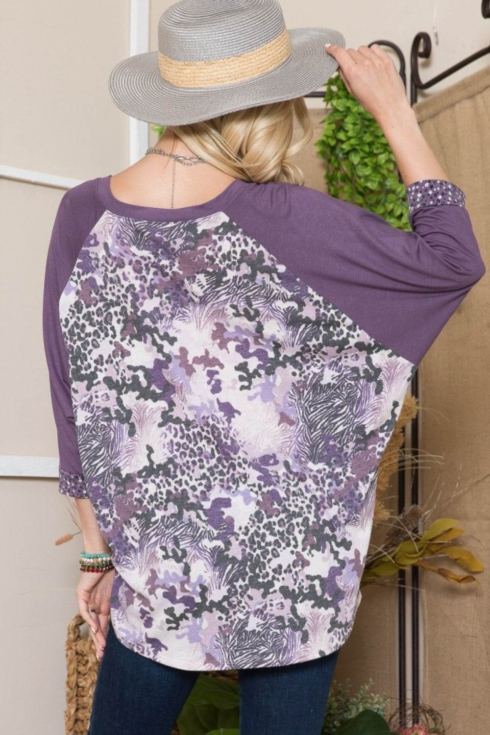 Celeste Full Size Floral Contrast Raglan Sleeve Top - DaTrendStore.Com
