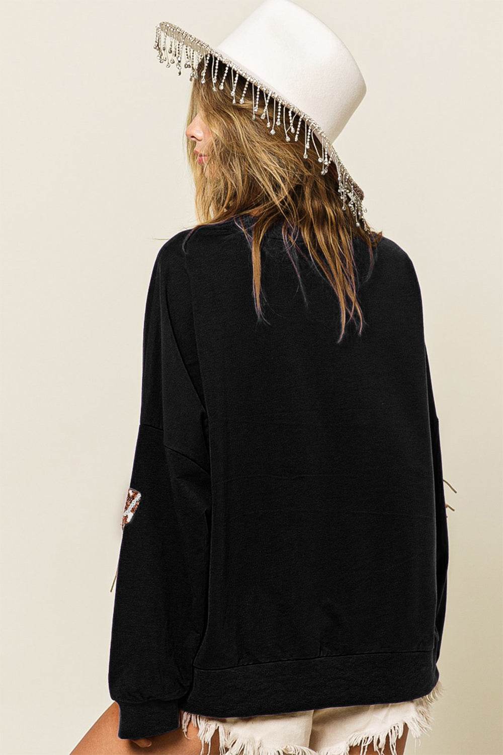 BiBi Sequin Fringe Football Patch Round Neck Sweatshirt - DaTrendStore.Com