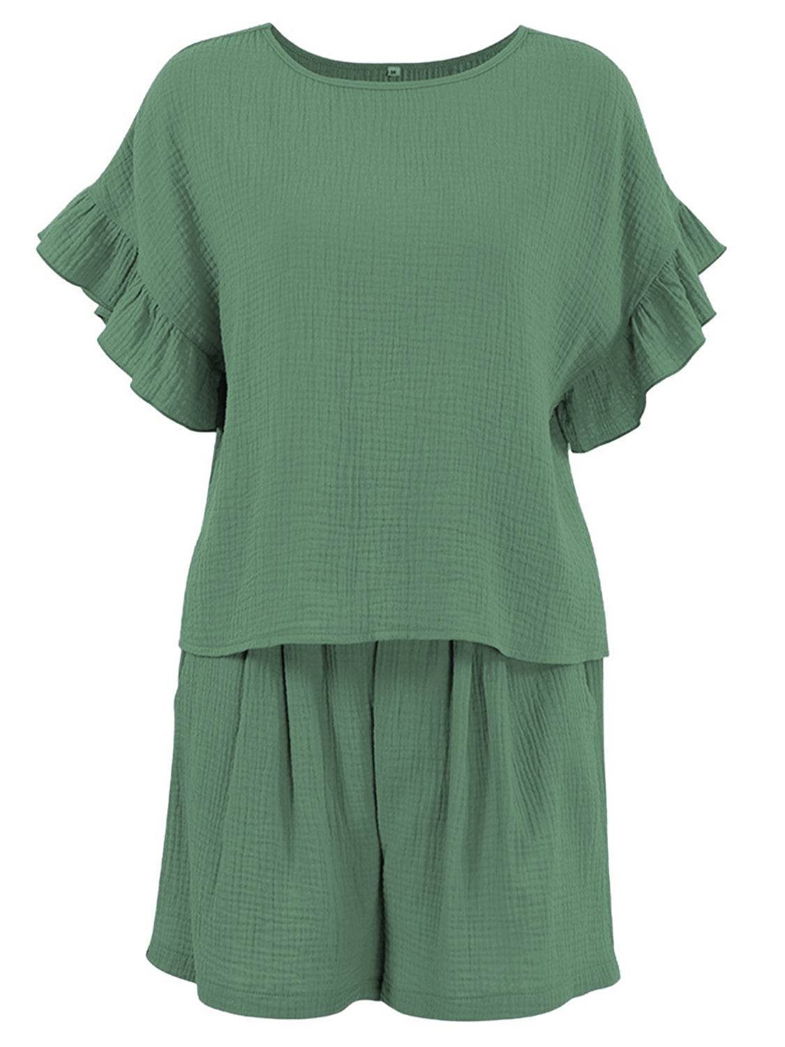 Ruffled Round Neck Top and Shorts Set - DaTrendStore.Com