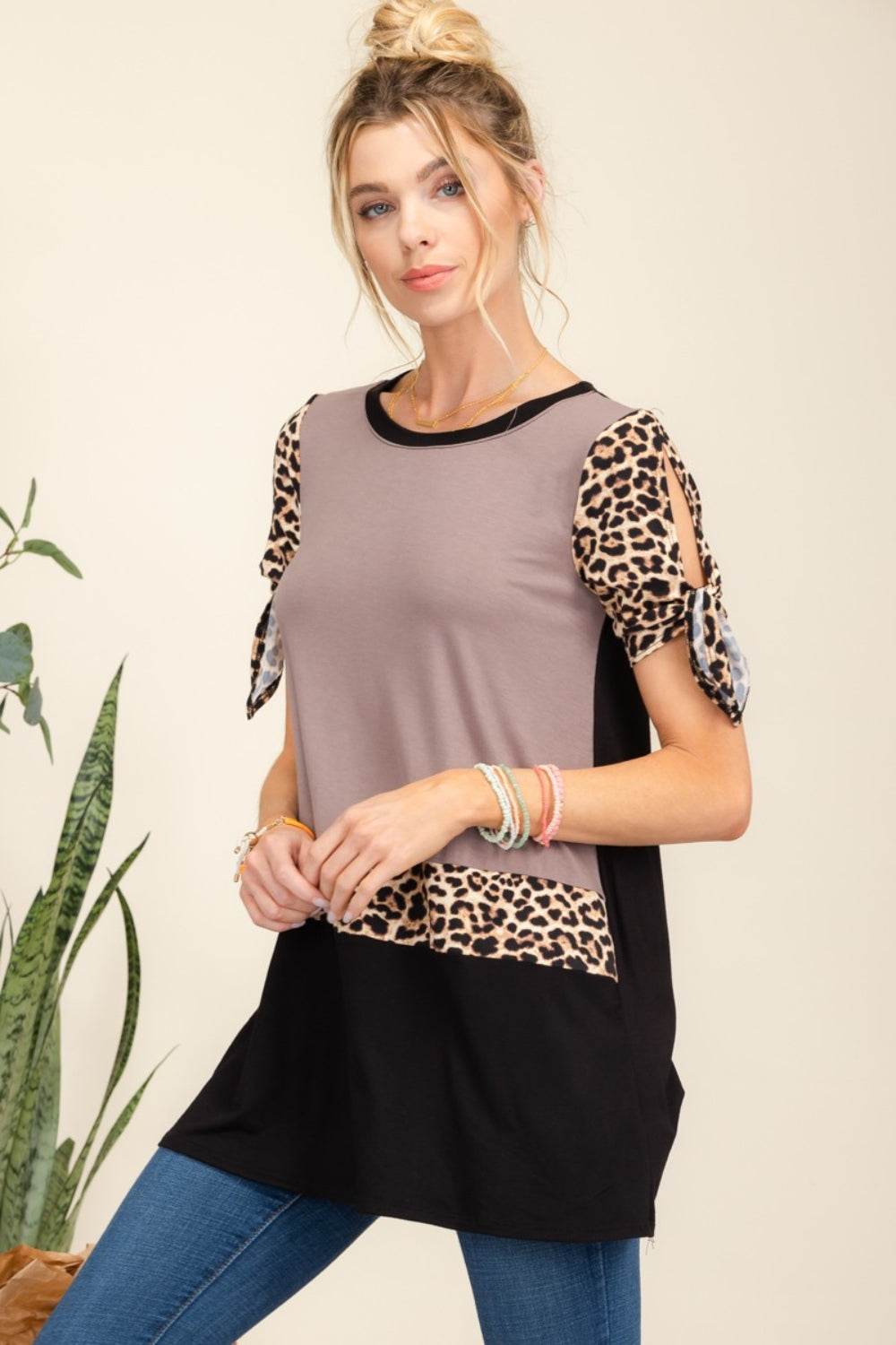 Celeste Full Size Open Tie Sleeve Leopard Color Blocked Top - DaTrendStore.Com