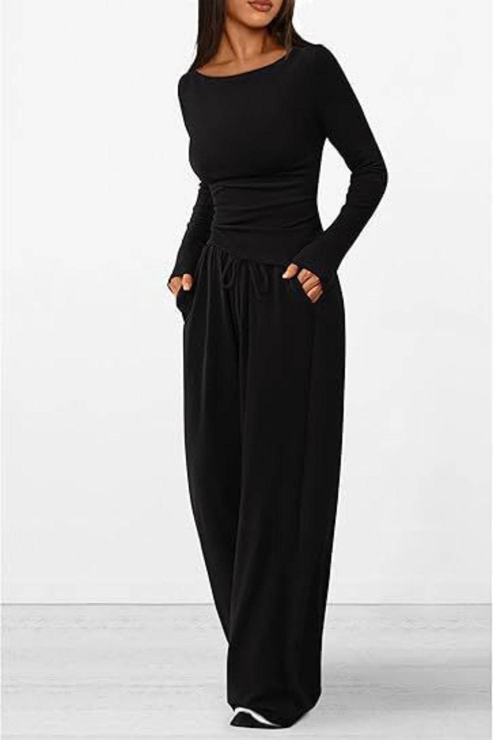 Round Neck Long Sleeve Top and Pants Set - DaTrendStore.Com