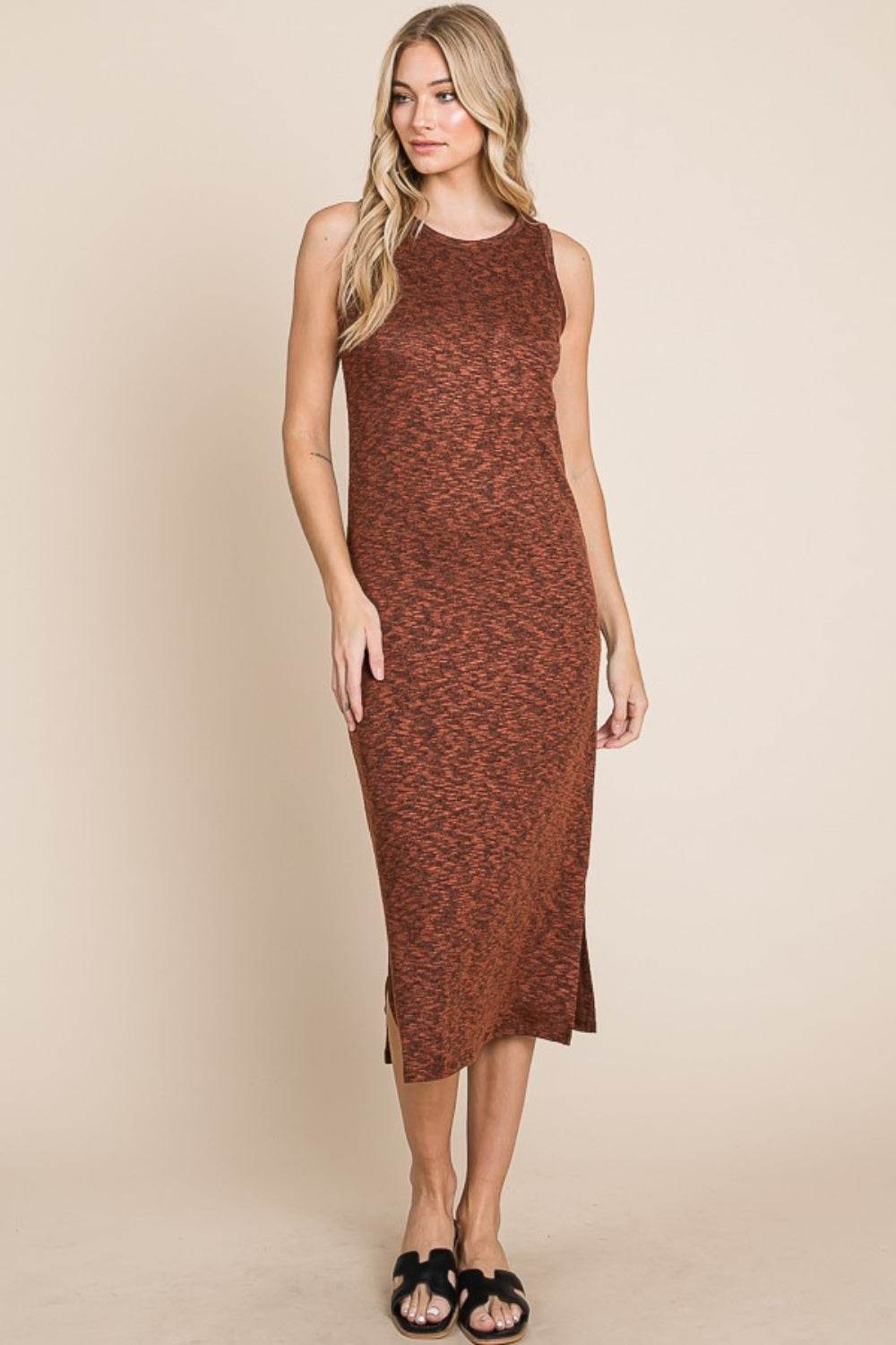 BOMBOM Slit Round Neck Sleeveless Midi Dress - DaTrendStore.Com