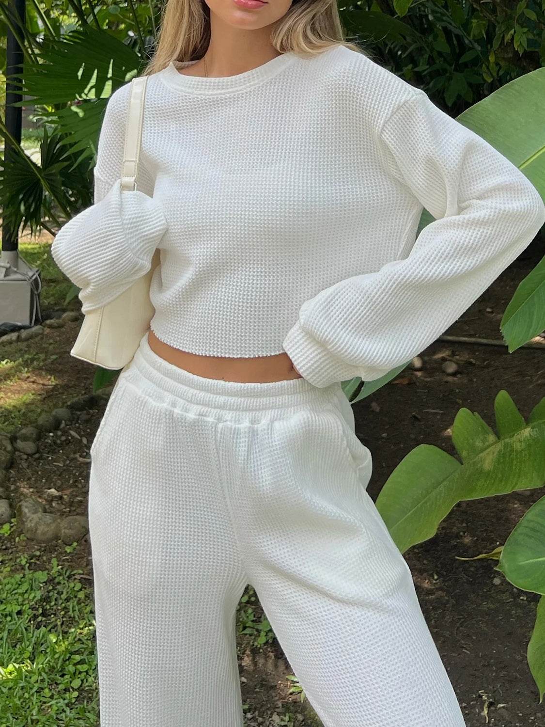 Waffle-Knit Round Neck Top and Pants Set - DaTrendStore.Com