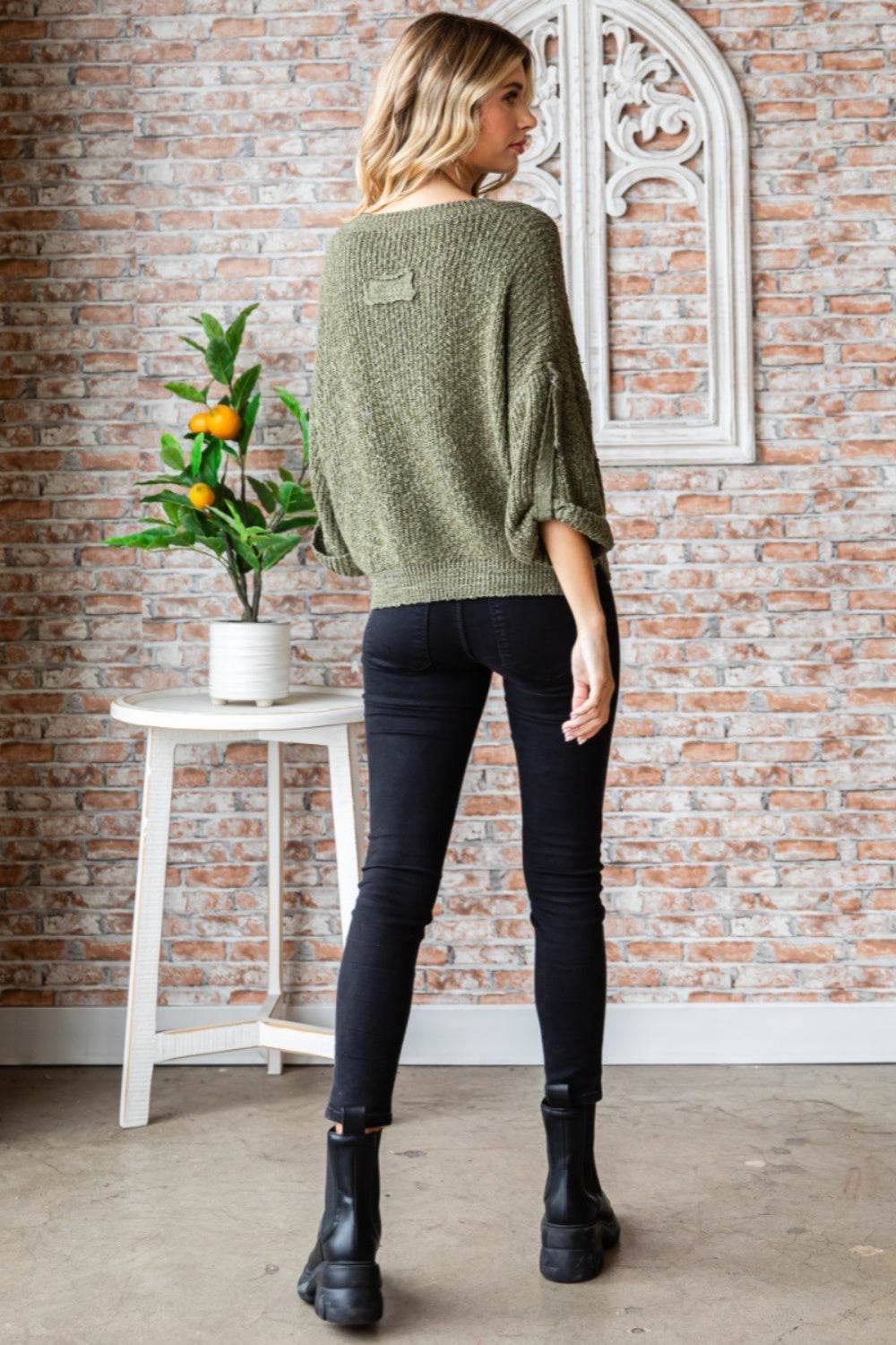 Veveret Round Neck Roll-Up Sweater - DaTrendStore.Com