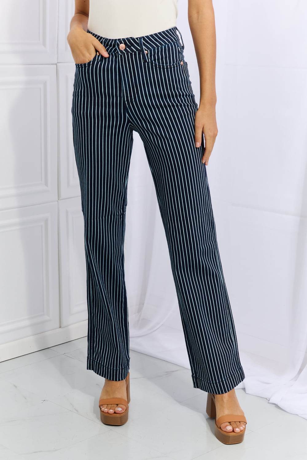 Judy Blue Cassidy Full Size High Waisted Tummy Control Striped Straight Jeans - DaTrendStore.Com