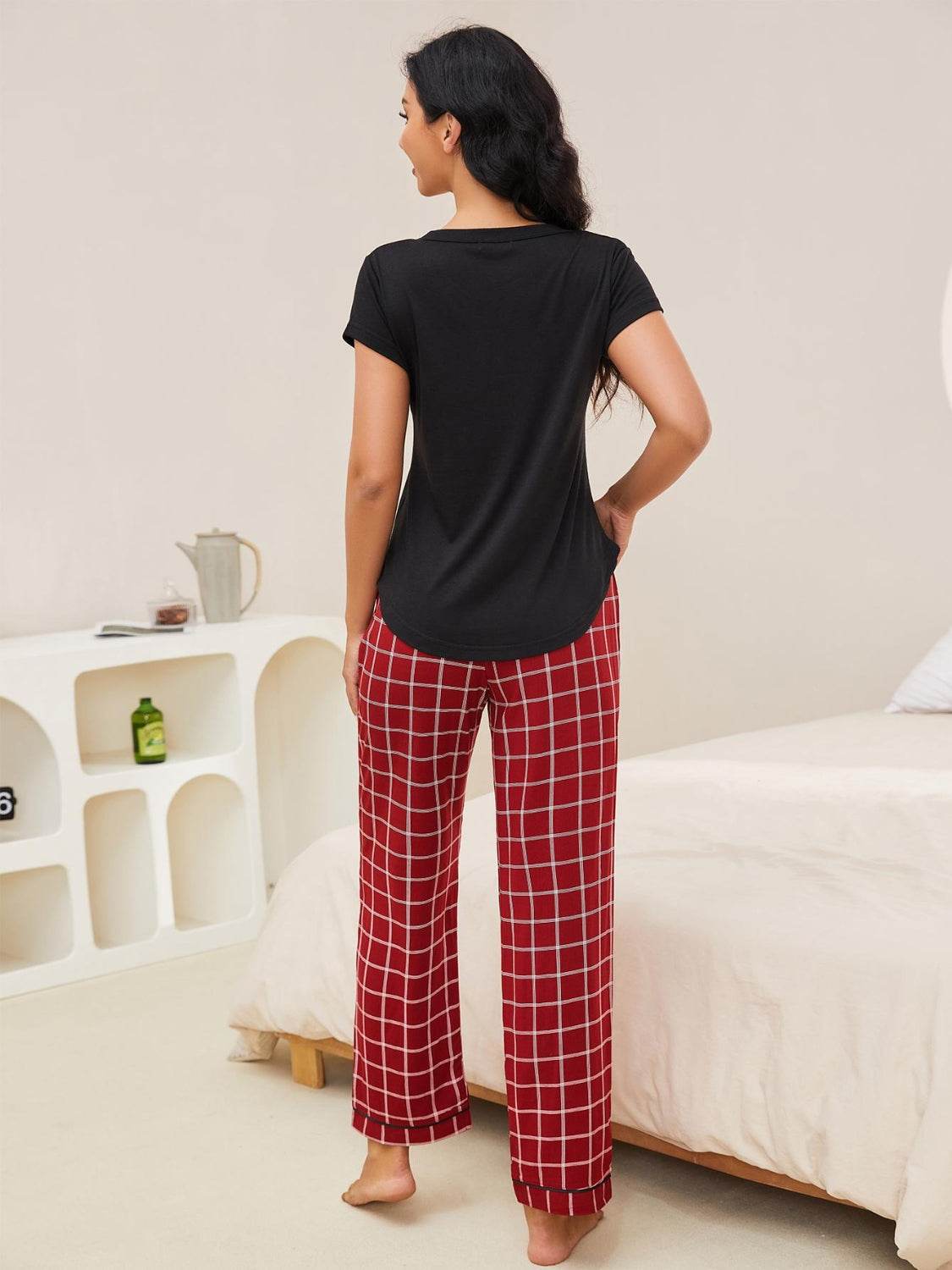 V-Neck Short Sleeve Top and Pants Lounge Set - DaTrendStore.Com