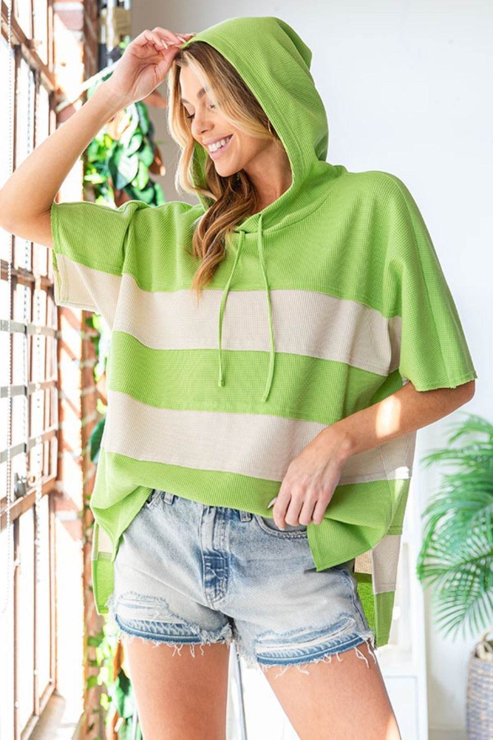 First Love Color Block Short Sleeve Hooded Top - DaTrendStore.Com