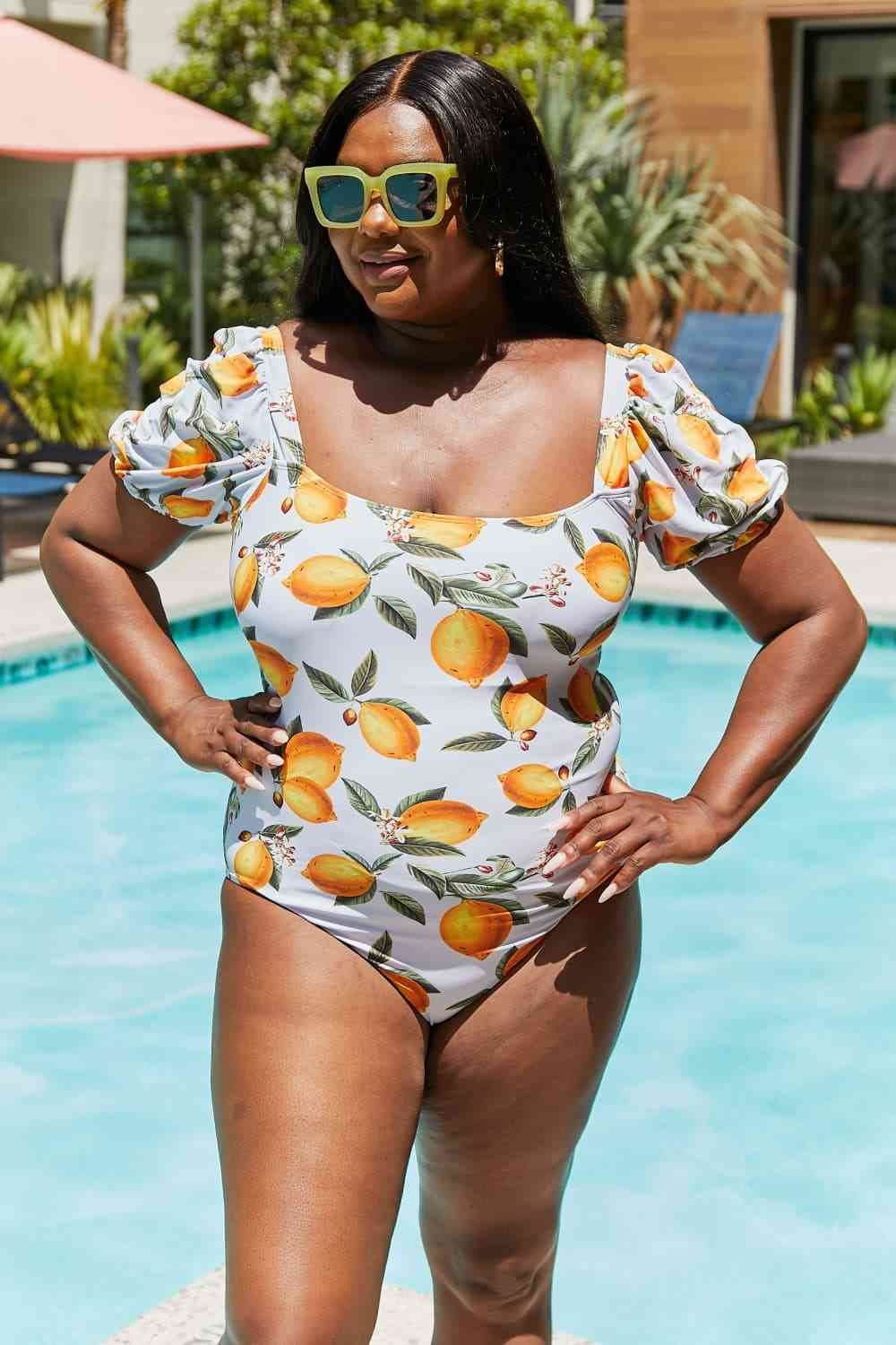 Marina West Swim Salty Air Puff Sleeve One-Piece in Citrus Orange - DaTrendStore.Com