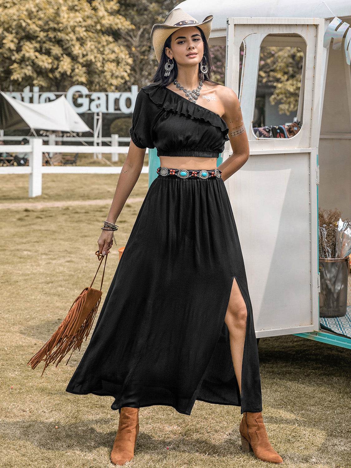 Ruffled Single Shoulder Top and Slit Skirt Set - DaTrendStore.Com