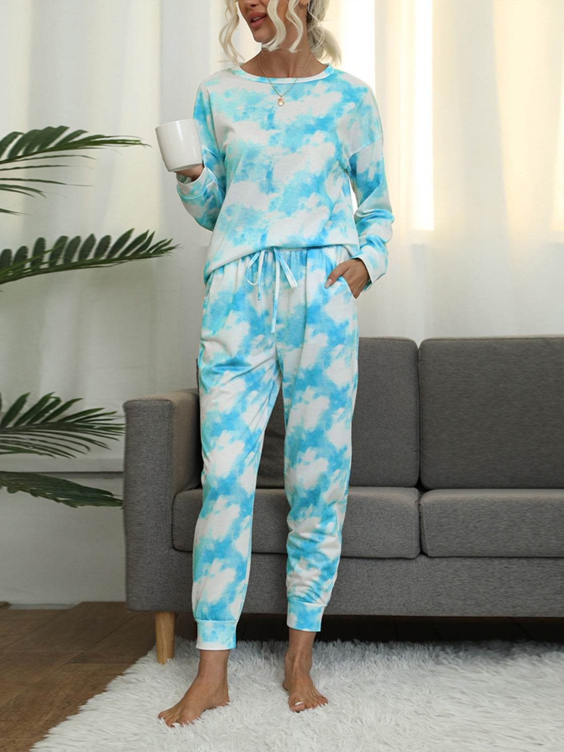 Shiny Tie-Dye Round Neck Top and Pants Lounge Set - DaTrendStore.Com