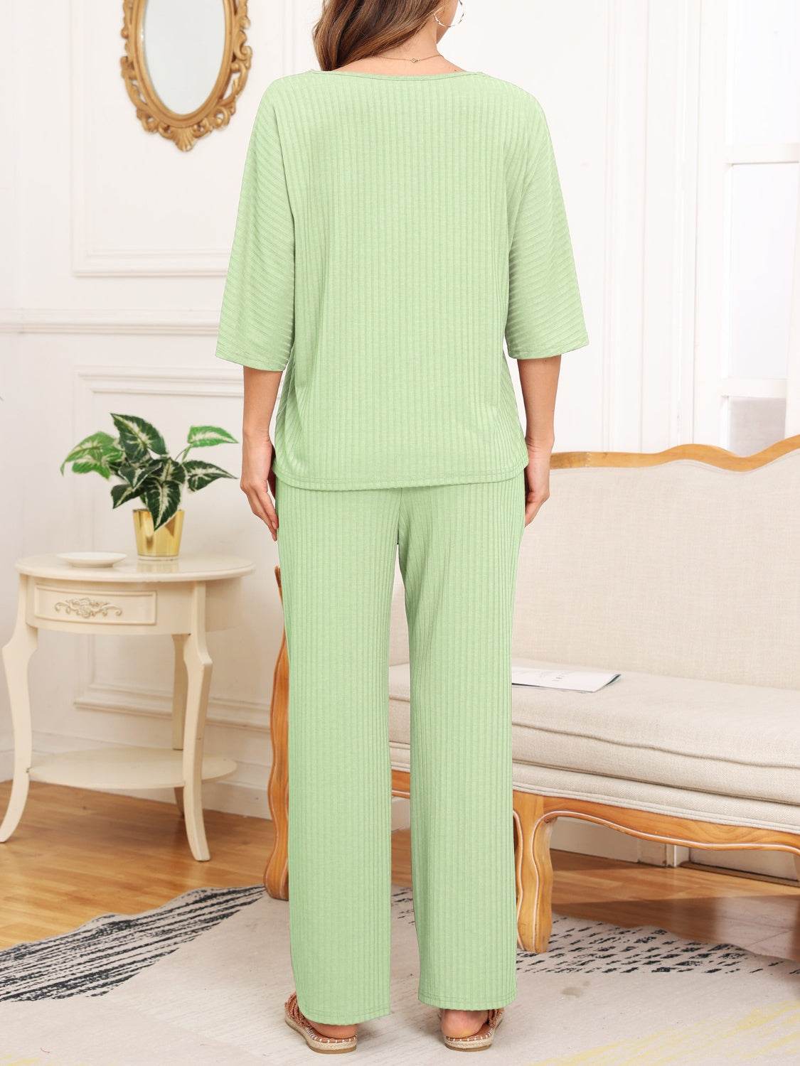 Ribbed Half Sleeve Top and Pocketed Pants Set - DaTrendStore.Com