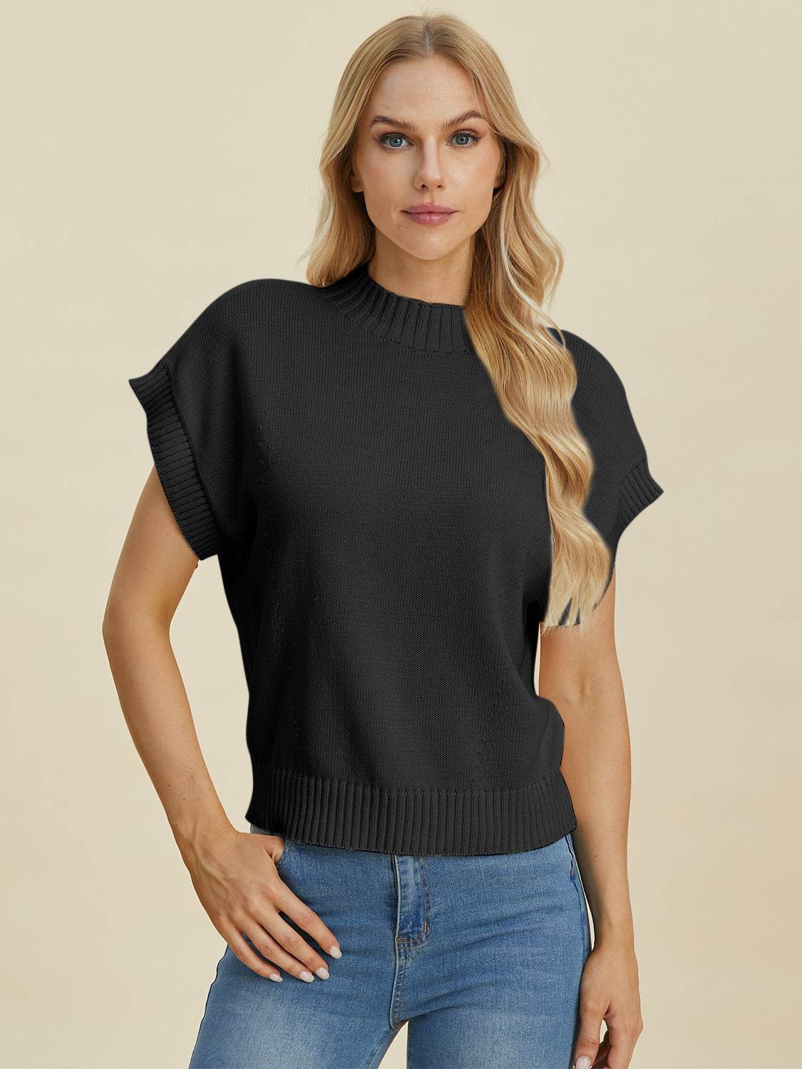 Double Take Full Size Mock Neck Short Sleeve Sweater - DaTrendStore.Com
