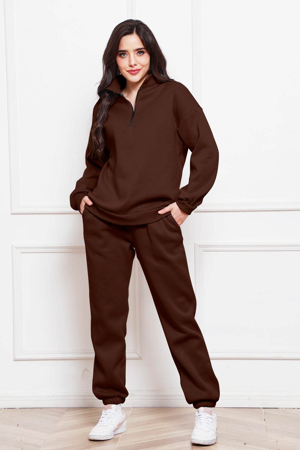Half Zip Long Sleeve Sweatshirt and Pants Set - DaTrendStore.Com