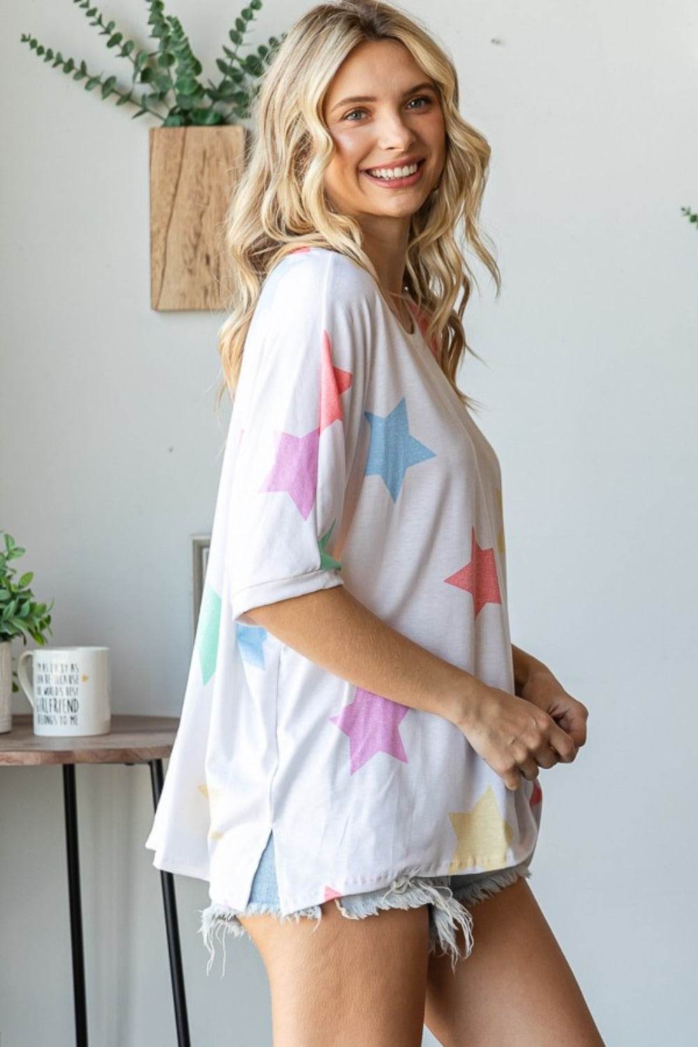 HOPELY Full Size Multi Colored Star Print T-Shirt - DaTrendStore.Com