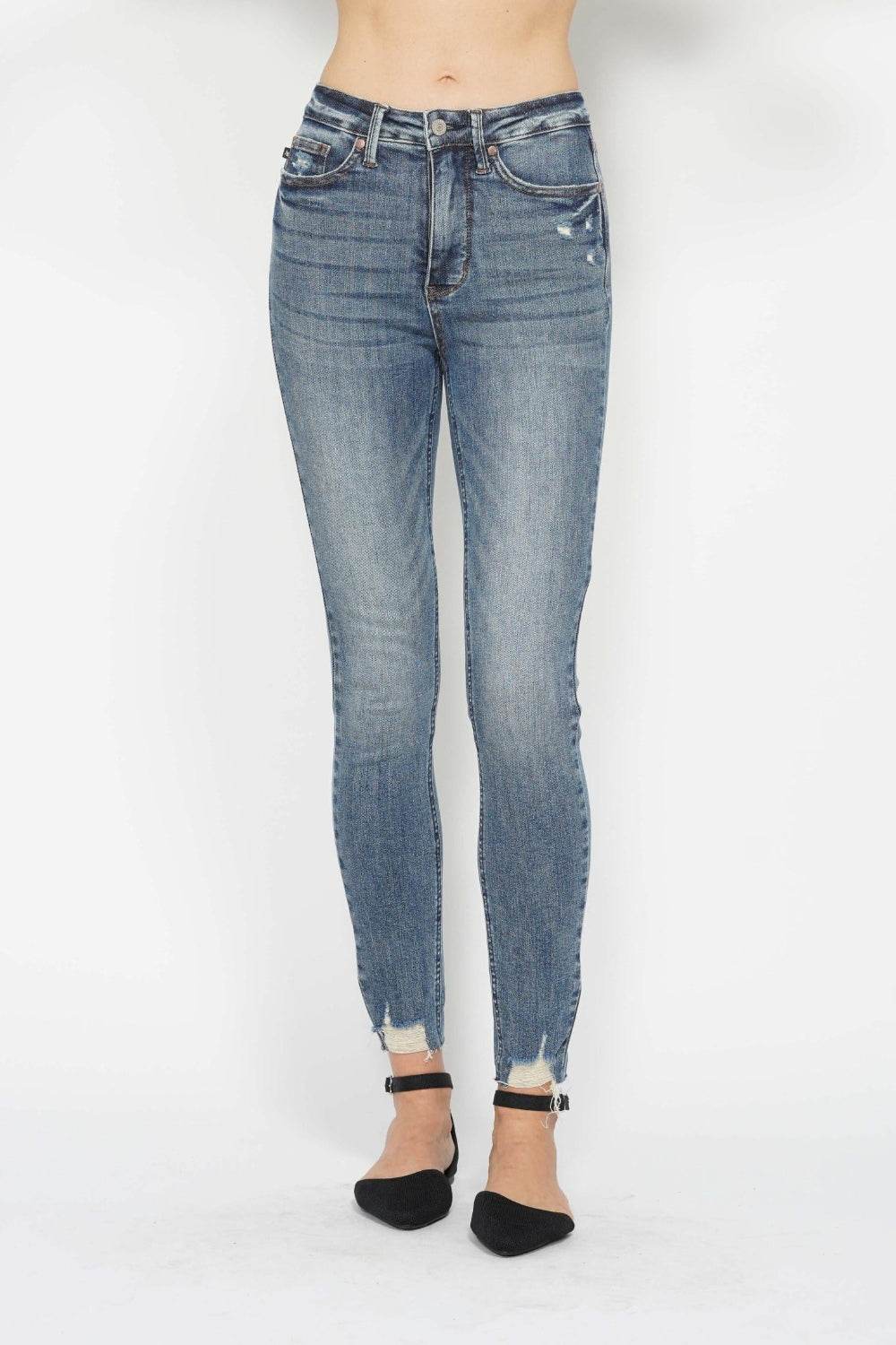 Judy Blue Full Size Tummy Control Vintage Wash Hem Destroy Skinny Jeans - DaTrendStore.Com