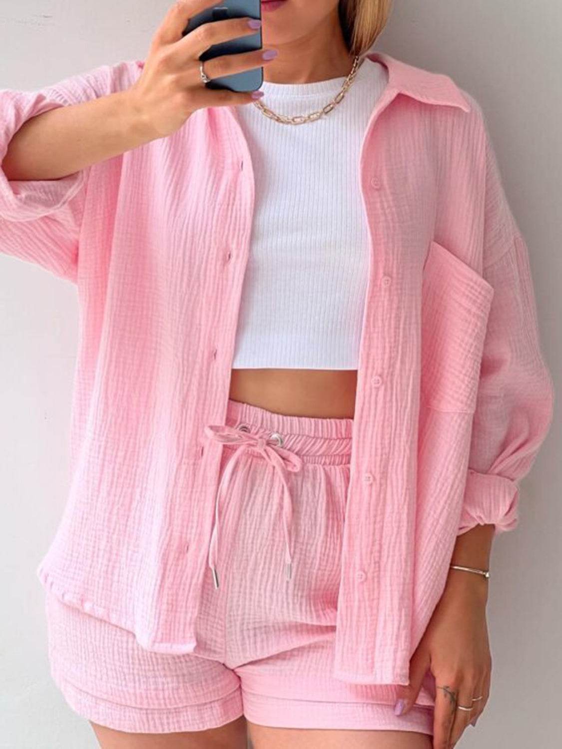 Texture Button Up Shirt and Drawstring Shorts Set - DaTrendStore.Com